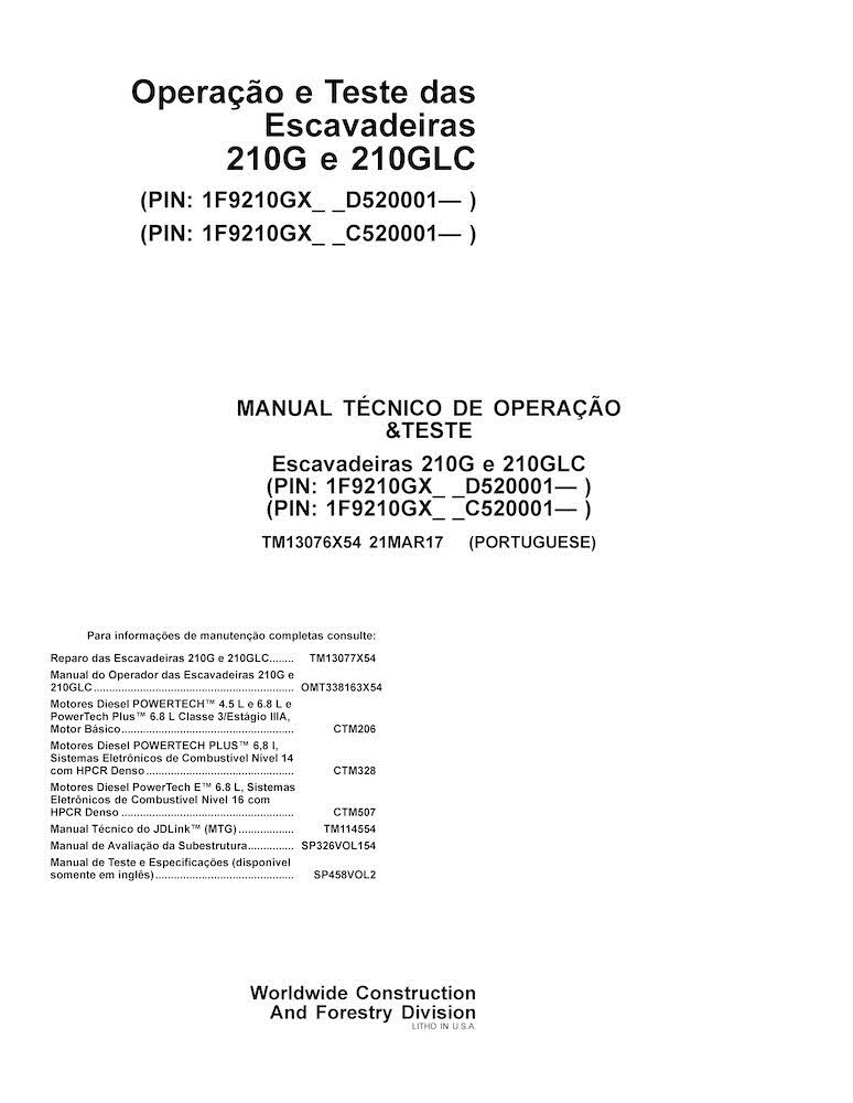 Manual T Cnico De Opera O E Teste Em Pdf Da Escavadeira John Deere