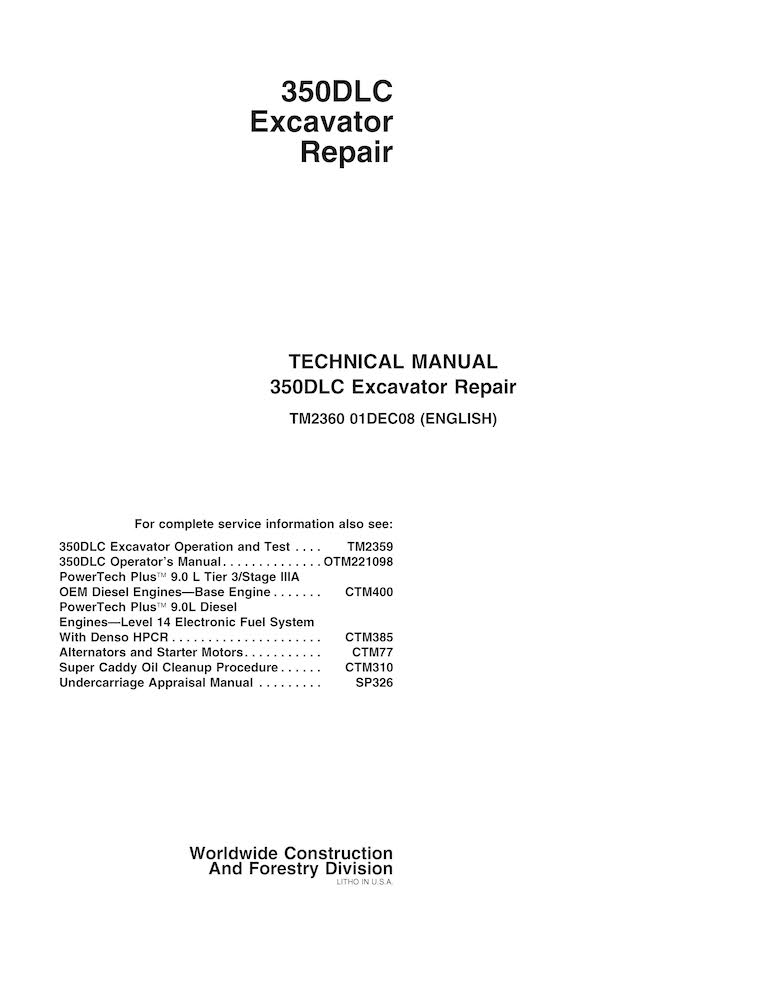 John Deere 350DLC Excavator Pdf Repair Technical Manual