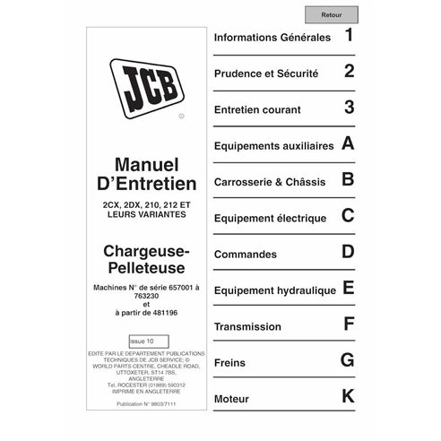 JCB 2CX, 3DX, 210, 212 S.N. 0480660-0929999 backhoe loader pdf service manual FR