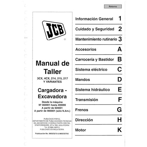 JCB 3CX, 4CX, 214e, 214, 215, 217 S.N. 0460001-0927500   backhoe loader pdf service manual ES