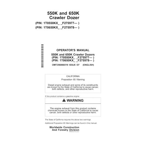 JD-OMT356886X19 John Deere 550K, 650K PIN: 275977-303837 crawler dozer operator's manual (OMT356886X19)