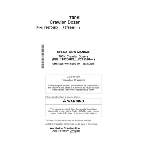 JD-OMT355957X19 John Deere 700K PIN PIN: 1T0700KX__F275598- crawler dozer operator's manual (OMT355957X19)