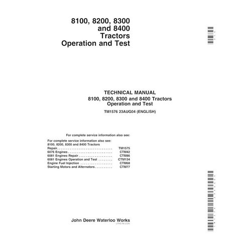 TM1576 Manuel technique d'utilisation et de test des tracteurs John Deere 8100, 8200, 8300, 8400 au format PDF