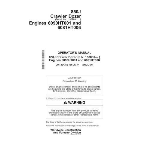 John Deere 850J PIN: 130886-311988 crawler dozer pdf operator's manual 