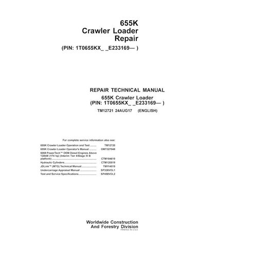 TM12721 John Deere 655K crawler loader repair technical manual (TM12721)