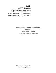 TM13116X19-06-18 John Deere 644K PIN: CD-658218- Manuel technique d'utilisation et de test de la chargeuse sur pneus au forma...