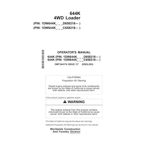 John Deere 644K PIN: C-D-658218- wheel loader pdf operator's manual 