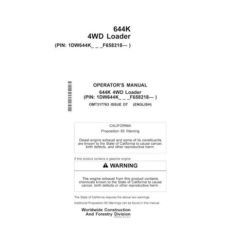 John Deere 644K PIN: F658218- wheel loader pdf operator's manual 