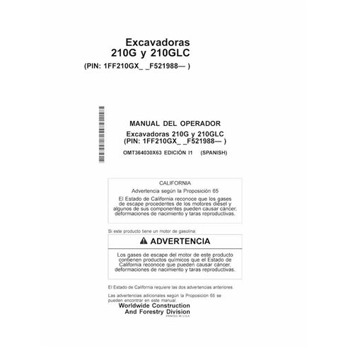 JD-OMT364030X63-ES John Deere 210G, 210GLC PIN: F521988- excavator operator's manual ES (OMT364030X63)