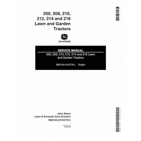 JD-SM2105 Manuel d'entretien PDF du tracteur à gazon John Deere 200, 210, 208, 212, 214, 216