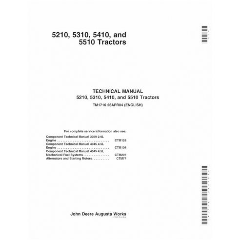 TM1716 Manual técnico de reparo do trator John Deere 5210, 5310, 5410, 5510 em pdf