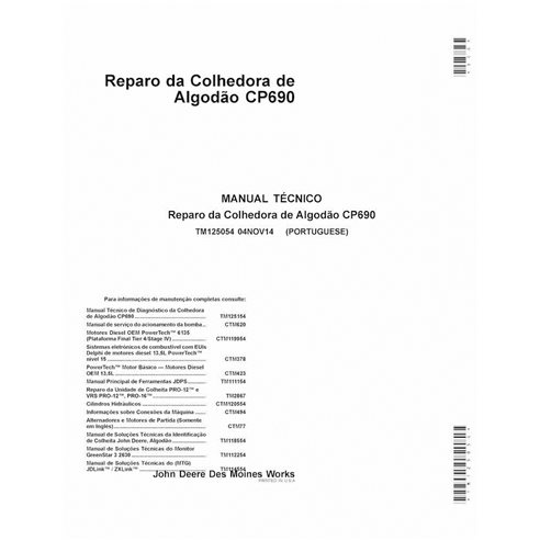 TM125054-PT Manual técnico de reparación en formato PDF de la cosechadora de algodón John Deere CP690