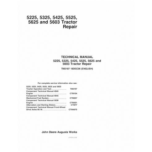 TM2187 Manual técnico de reparación de tractores John Deere 5225, 5325, 5425, 5525, 5625 y 5603 (TM2187)