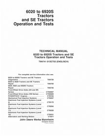 John Deere 6020, 6120, 6220, 6320, 6420, 6420S, 6520, 6620, 6820, 6920 tractor pdf operation and test technical manual 