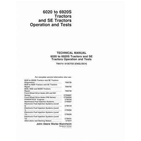 John Deere 6020, 6120, 6220, 6320, 6420, 6420S, 6520, 6620, 6820, 6920 tractor pdf operation and test technical manual 