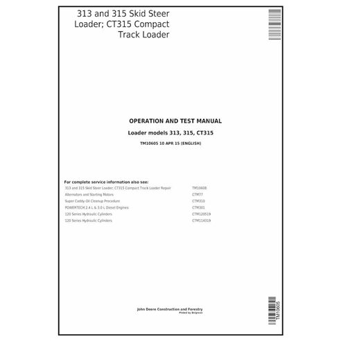 TM10605 John Deere 313, 315 skid steer loader repair technical manual (TM10605)