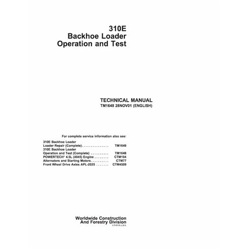 TM1648 John Deere 310E backhoe loader operation and test technical manual (TM1648)
