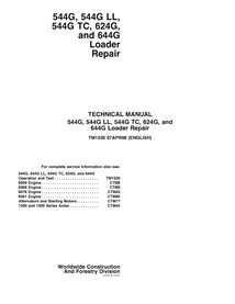 TM1530 Manual técnico de reparo de carregadeira de rodas John Deere 544G, 544G LL, 544G TC, 624G e 644G em PDF