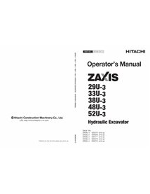 Hitachi ZX29U-3, 33U-3, 38U-3, 48U-3, 52U-3 excavator pdf operator's manual 