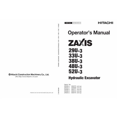 Hitachi ZX29U-3, 33U-3, 38U-3, 48U-3, 52U-3 excavator pdf operator's manual 