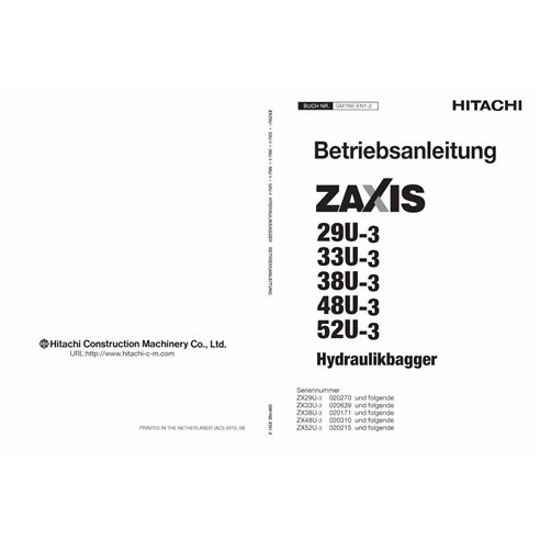 Hitachi ZX29U-3, 33U-3, 38U-3, 48U-3, 52U-3 excavator pdf operator's manual DE