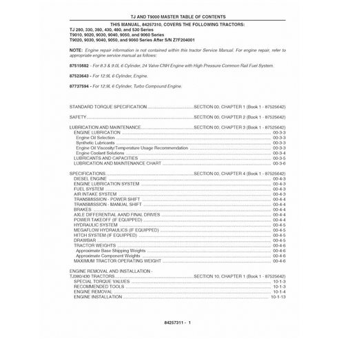 NH-84257310-SM Manuel d'entretien des tracteurs New Holland TJ280 - TJ530, T9010 - T9060 au format PDF