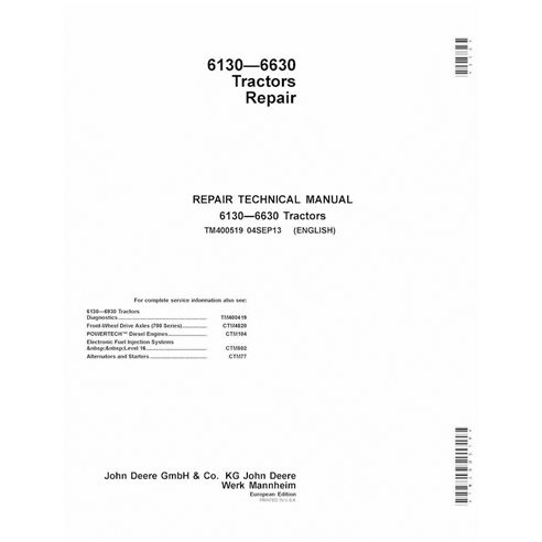 TM400519 Manual de reparação dos tratores John Deere 6130, 6230, 6330, 6430, 6530, 6534 e 6630 (TM400519)