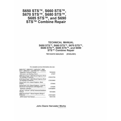 TM133419 Manuel de réparation PDF des moissonneuses-batteuses John Deere S650 STS, S660 STS, S670 STS, S680 STS, S685 STS, S6...