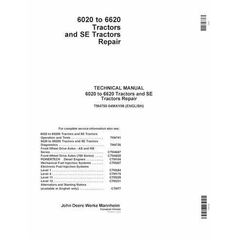 TM4750 Manual de reparación de tractores John Deere 6020, 6120, 6220, 6320, 6420, 6520, 6620 (TM4750)