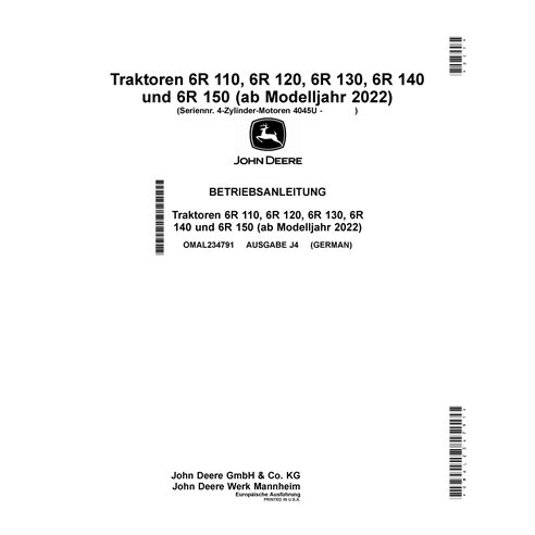 JD-OMAL234791-DE Manuel d'utilisation du tracteur John Deere 6R110, 6R120, 6R130, 6R140, 6R150 MY22 (PDF)