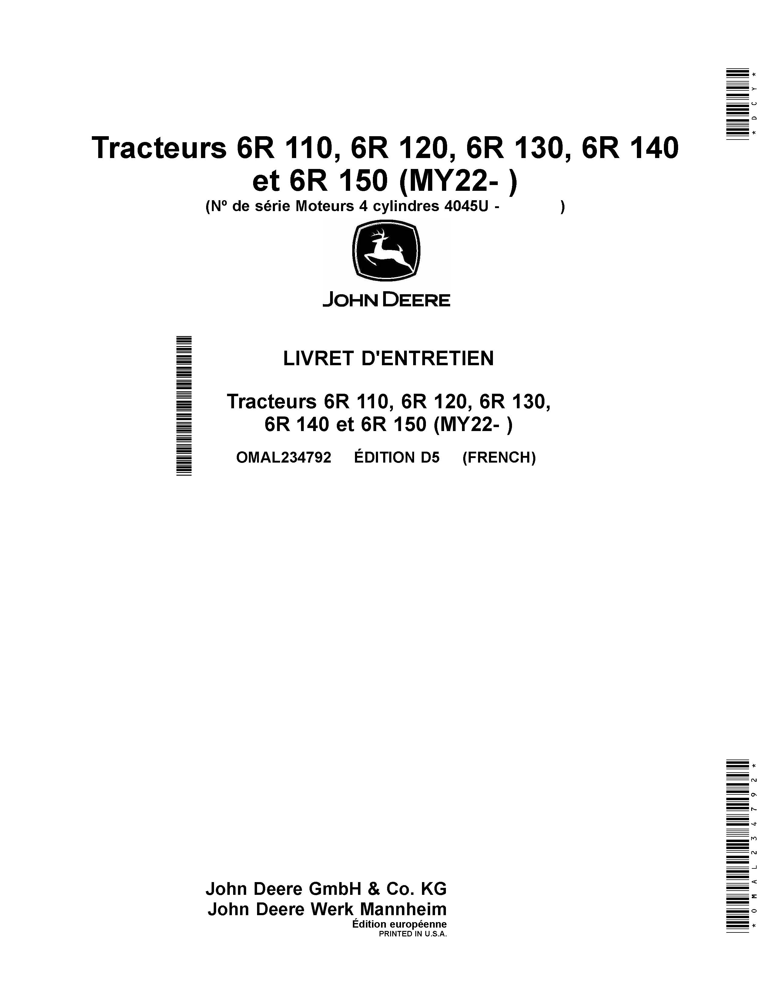 Manual do operador do trator John Deere 6R110, 6R120, 6R130, 6R140 ...