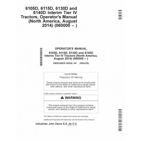 JD-OMSU38638 John Deere 6105D, 6115D, 6130D e 6140D Tratores Interim Tier IV manual do operador do trator em pdf