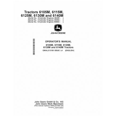 JD-OMAL213150 Manual del operador del tractor John Deere 6105M, 6115M, 6125M, 6130M, 6140M MY13-15 (OMAL213150)