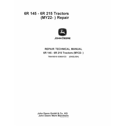 TM415019 Manual técnico de reparación de tractores John Deere 6R145, 6R155, 6R165, 6R175, 6R185, 6R195, 6R215 MY22 (TM415019)