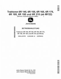 JD-OMAL234702-DE John Deere 6R145, 6R155, 6R165, 6R175, 6R185, 6R195, 6R215 MY22- manual do operador do trator em pdf DE