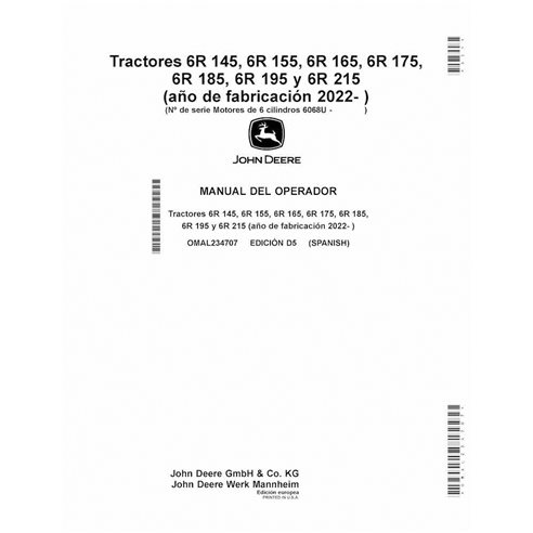 JD-OMAL234707-ES Manual do operador do trator John Deere 6R145, 6R155, 6R165, 6R175, 6R185, 6R195, 6R215 MY22 - ES (OMAL234707)