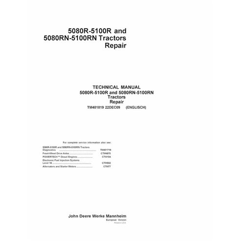 TM401819 Manuel technique de réparation des tracteurs John Deere 5080R, 5090R, 5100R, 5080RN, 5090RN, 5100RN MY2011 (TM401819)