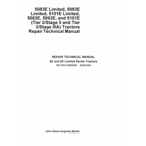 TM112519 Manuel technique de réparation des tracteurs John Deere 5083E, 5083EN, 5093E, 5093EN, 5101E, 5101EN (TM112519)