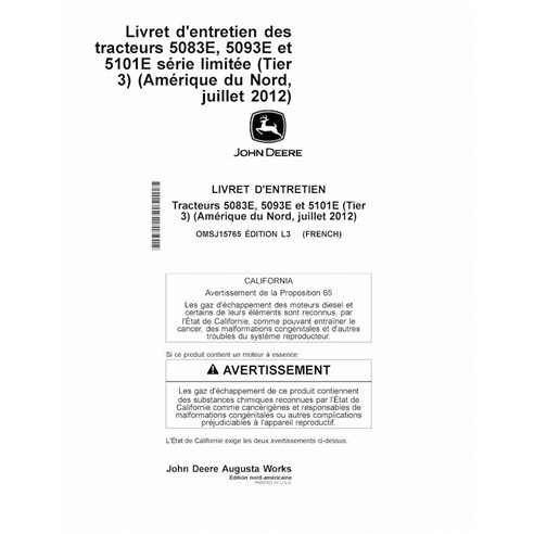 JD-OMSJ15765-FR Manual do operador do trator John Deere 5083E, 5083EN, 5093E, 5093EN, 5101E, 5101EN 2012 NA FR (OMSJ15765)