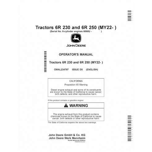 JD-OMAL234787 Manual do operador do trator John Deere 6R230, 6R250 MY22 (OMAL234787)