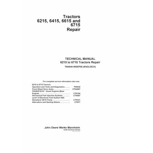 TM4649 John Deere 6215, 6415, 6615 and 6715 tractor pdf repair technical manual