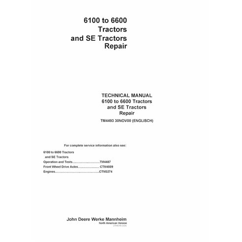 TM4493 John Deere 6100, 6200, 6300, 6400, 6506, 6600 tractor pdf repair technical manual
