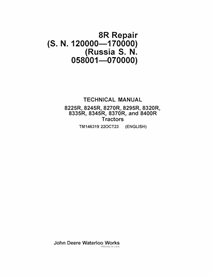 TM146319 Technicien de réparation pour tracteurs John Deere 8225R, 8245R, 8270R, 8295R, 8320R, 8335R, 8345R, 8370R et 8400R (SN