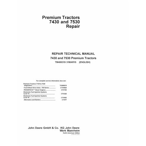 TM400319 Manual técnico de reparo do trator John Deere 7430, 7530 em PDF