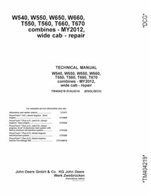 TM404219 John Deere W540, W550, W650, W660, T550, T560, T660, T670 MY12-13 combine pdf repair technical manual