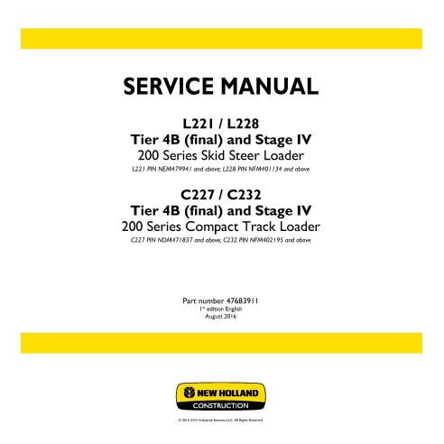 Manual de serviço da carregadeira New Holland L221 / L228 / C227 / C232 Tier 4B - New Holland Construction manuais
