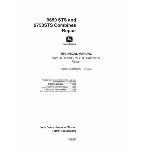 TM1901 John Deere 9650 STS and 9750 STS combine repair technical manual (TM1901)