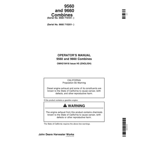 JD-OMH219418 John Deere 9560, 9660 SN 715101 - manual do operador da colheitadeira em PDF