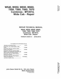 TM406219 Manual técnico de reparación de cosechadoras John Deere W540, W550, W650, W660, T550, T560, T660, T670, año modelo 2014