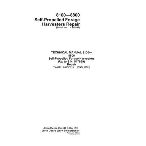 TM407119 Manual técnico de reparación de cosechadoras de forraje John Deere 8100, 8200, 8300, 8400, 8500, 8600, 8700, 8800 SN...